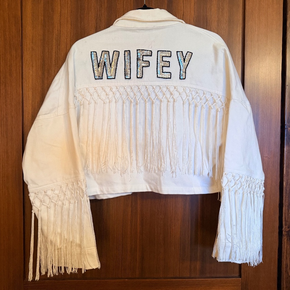 East and west label Wifey fringe white crop jean jacket